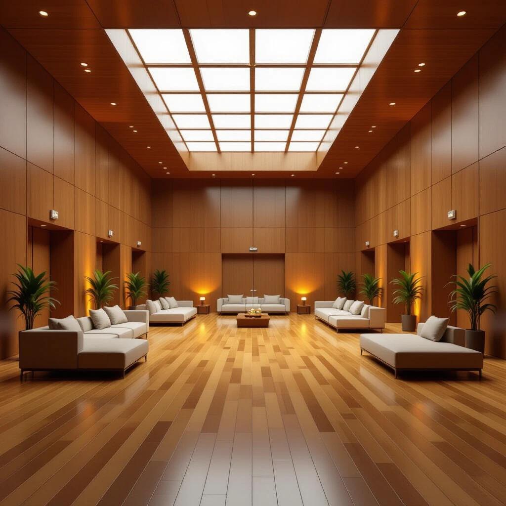 Photorealistic rendering of an ultra-spacious multipurpose hall. The walls are warm-toned wood. The flooring is smooth, polished wood. The large layout is open and inviting. The geometric skylight ceiling adds architectural interest. Modern luxurious sofas and lounges are neatly arranged. Soft ambient lighting enhances the welcoming atmosphere. The interior design is clean and minimal with no clutter. Suitable for residential gatherings and community events. The materials used are premium, with warm inviting tones.