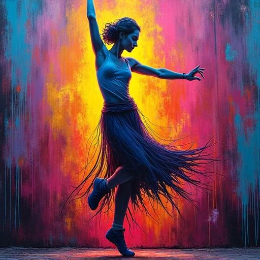 Street art mural featuring a dancer. Colors drip and blend with neon outlines. The dancer is in motion with colorful background.