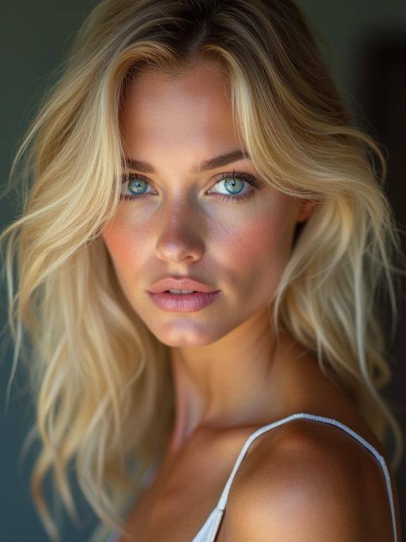 A close-up portrait of a female model with long blonde hair and blue eyes. Model has soft lighting and natural makeup. Hair flows gently over her shoulders. Emphasis on facial features and expression.
