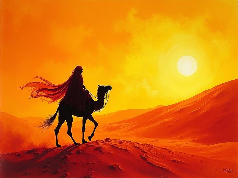 A vibrant and dramatic desert scene featuring a Bedouin girl riding a camel. The landscape is dominated by red and yellow hues with a bright sun setting in the background. Emphasis on a sandstorm effect, rendered in dynamic ink style.