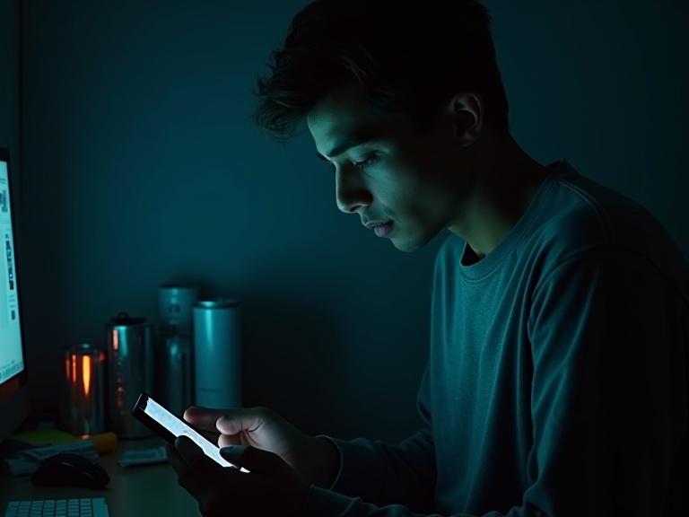Young man scrolling through phone at night. Dark room glows with LED lights. Cluttered desk with empty cans. Deep focus with shallow depth of field. Dramatic moody lighting in filmic style.