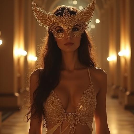 Image of an elegant woman at a masquerade ball inspired by Egyptian goddess Isis. She wears a golden mask with falcon wings. The outfit hugs her body with sheer silk and intricate embroidery. The setting includes a palace atmosphere with soft moonlight.