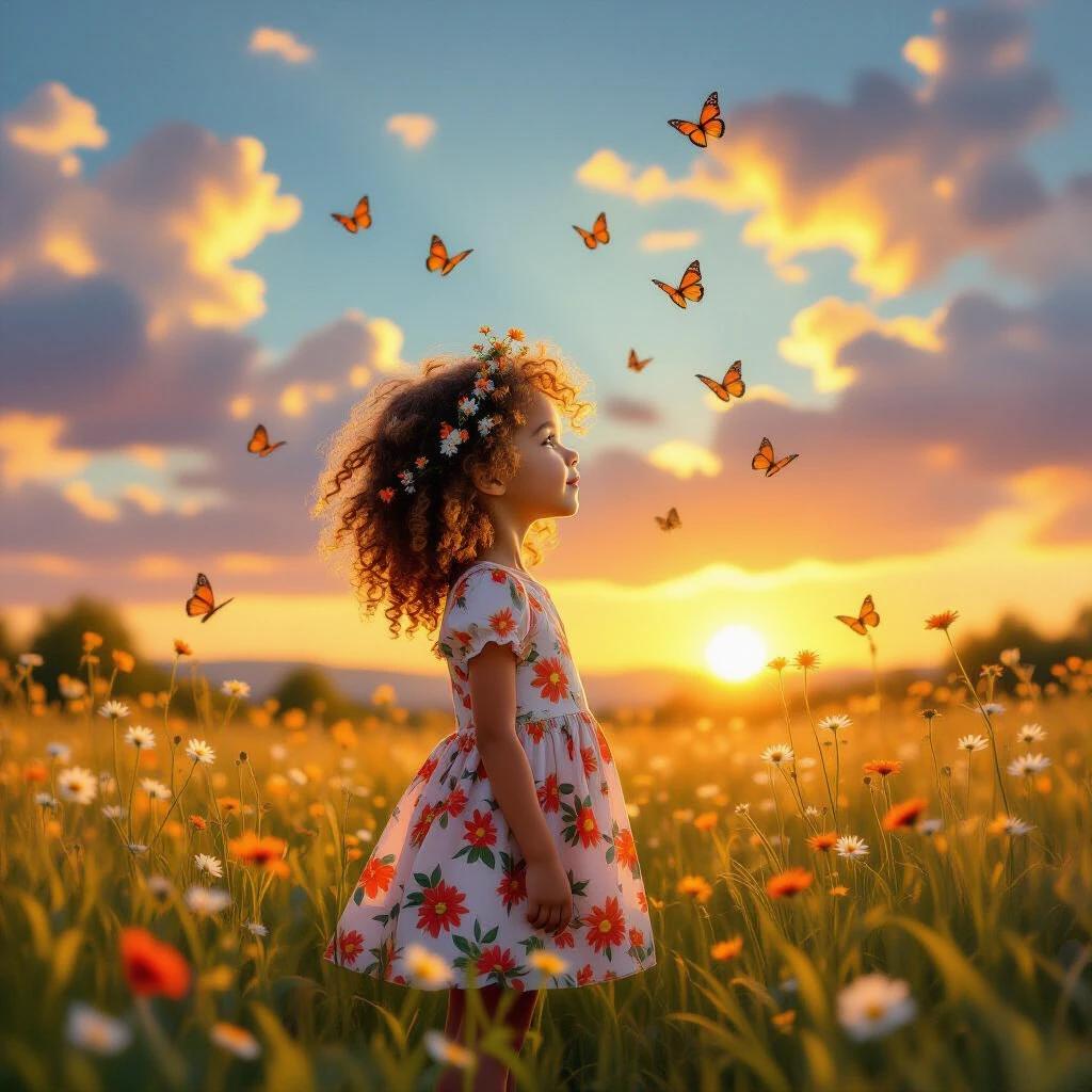 A young girl stands in a glowing meadow at sunset. Butterflies surround her. Her curly hair has tiny blossoms. She wears a floral dress matching the landscape. Soft light filters through clouds. The scene is magical and dreamlike.