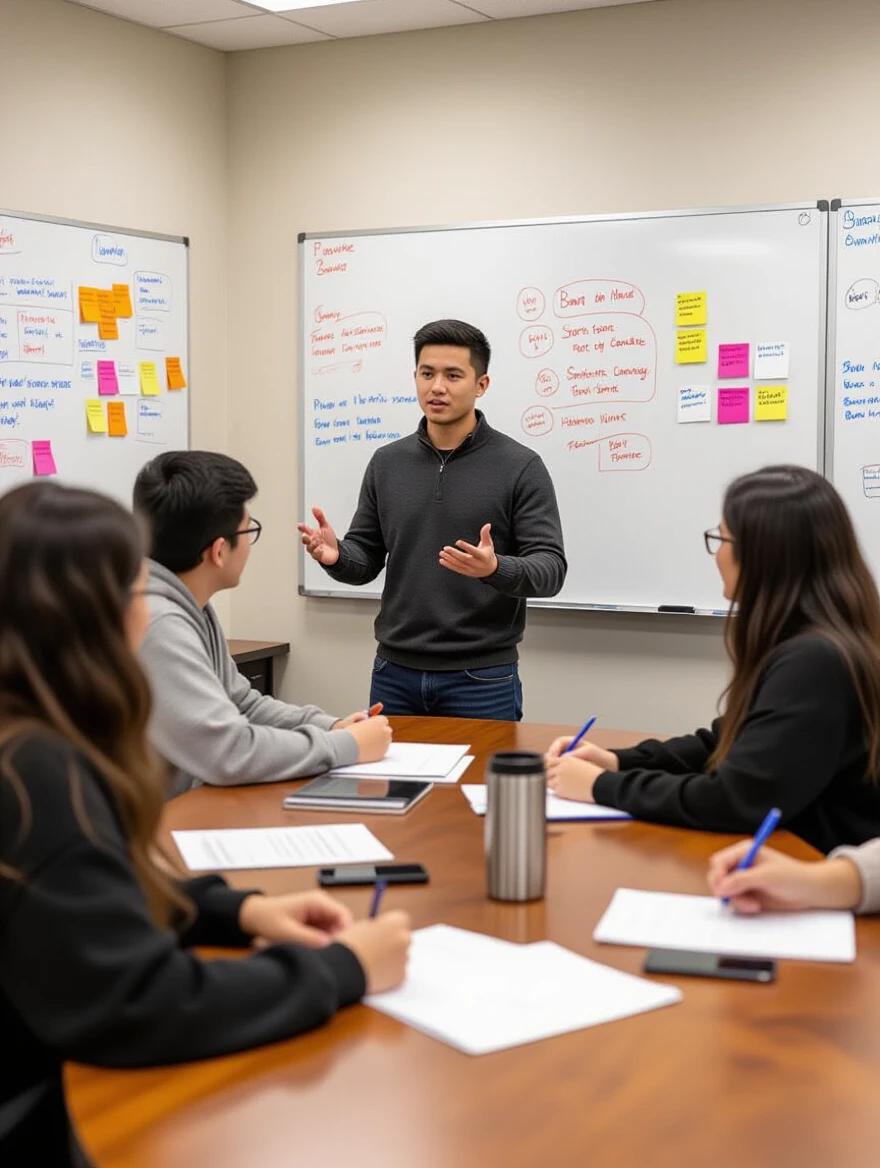 Students engage in a focused study session. Standing student explains concepts. Others attentively take notes. Notes and practice problems on walls. Collaborative environment, warm lighting.
