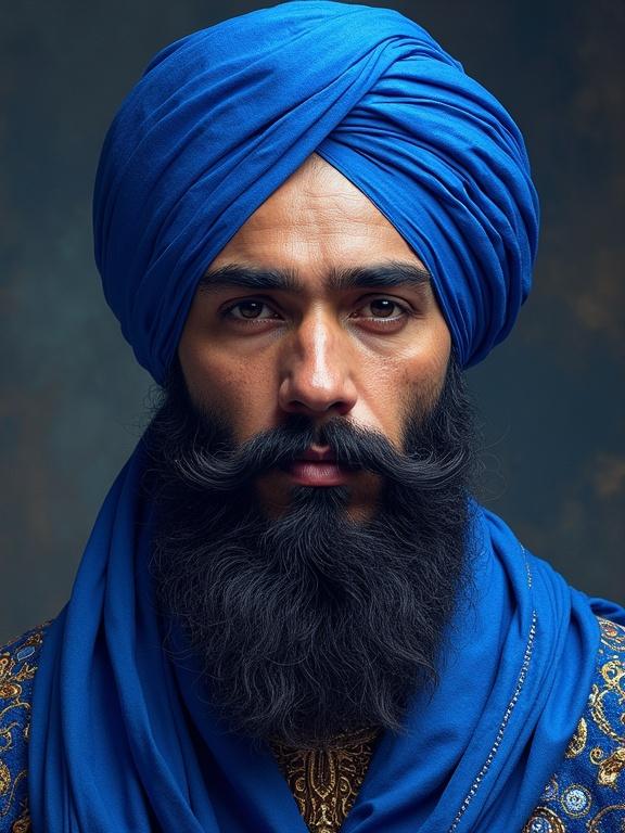 A digital painting showcasing a Sikh warrior adorned in a striking blue turban and elaborate garments. The artwork features sparkling blue sequins and draws inspiration from Klimt and Rembrandt styles. The painting emphasizes hyper-realistic details with a pearlesque quality.