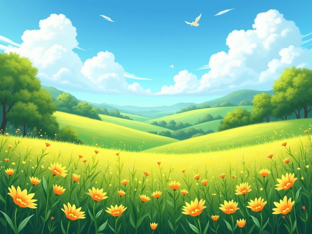 A vibrant and serene landscape filled with a lush green meadow. The meadow is dotted with cheerful yellow flowers, creating a stunning contrast against the greenery. In the background, there are rolling hills and trees that add depth to the scene. The sky is a bright blue with fluffy white clouds, suggesting a beautiful day. Birds can be seen flitting about, and the overall atmosphere is peaceful and idyllic. This scene captures the beauty of nature in full bloom, perfect for a relaxing escape.