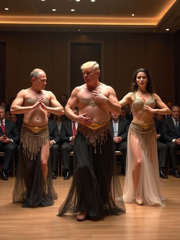 Realistic image of a modern indoor event hall with polished floors. LED lighting and minimalist stage setup. Donald Trump, Vladimir Putin, and Volodymyr Zelensky perform a synchronized belly dance. Glittering modern-style belly dancer costumes with sequin tops, coin belts, sheer fabrics, and jeweled headpieces. Serious expressions while dancing. Background features rows of U.S. Senators in formal suits reacting to the performance.