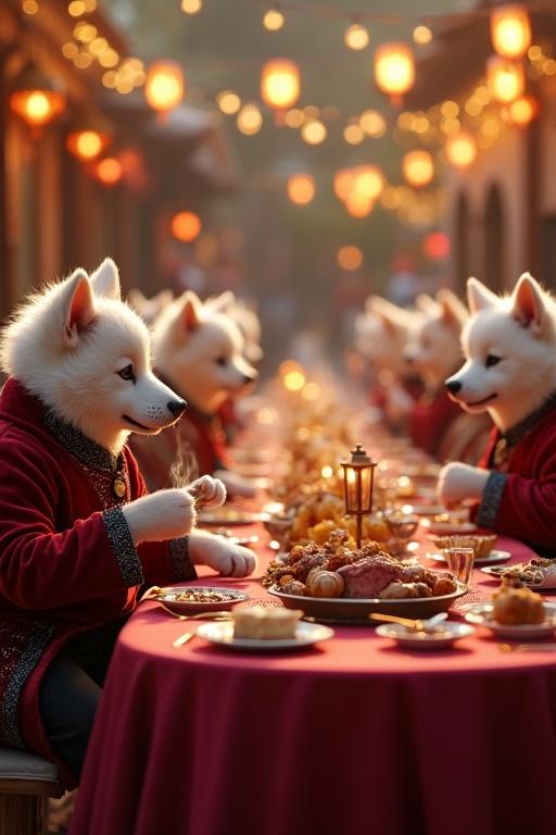 A grand outdoor feast scene in village square lit by golden chandeliers colorful lanterns. Wealthy anthropomorphic dog puppies in sparkling velvet suits dining at long table filled with gourmet food. Tuku, a small white puppy in tattered clothes, watches from a distance with a growling stomach. Bright colors dominate the scene with soft bokeh effects and hyper-realistic textures.