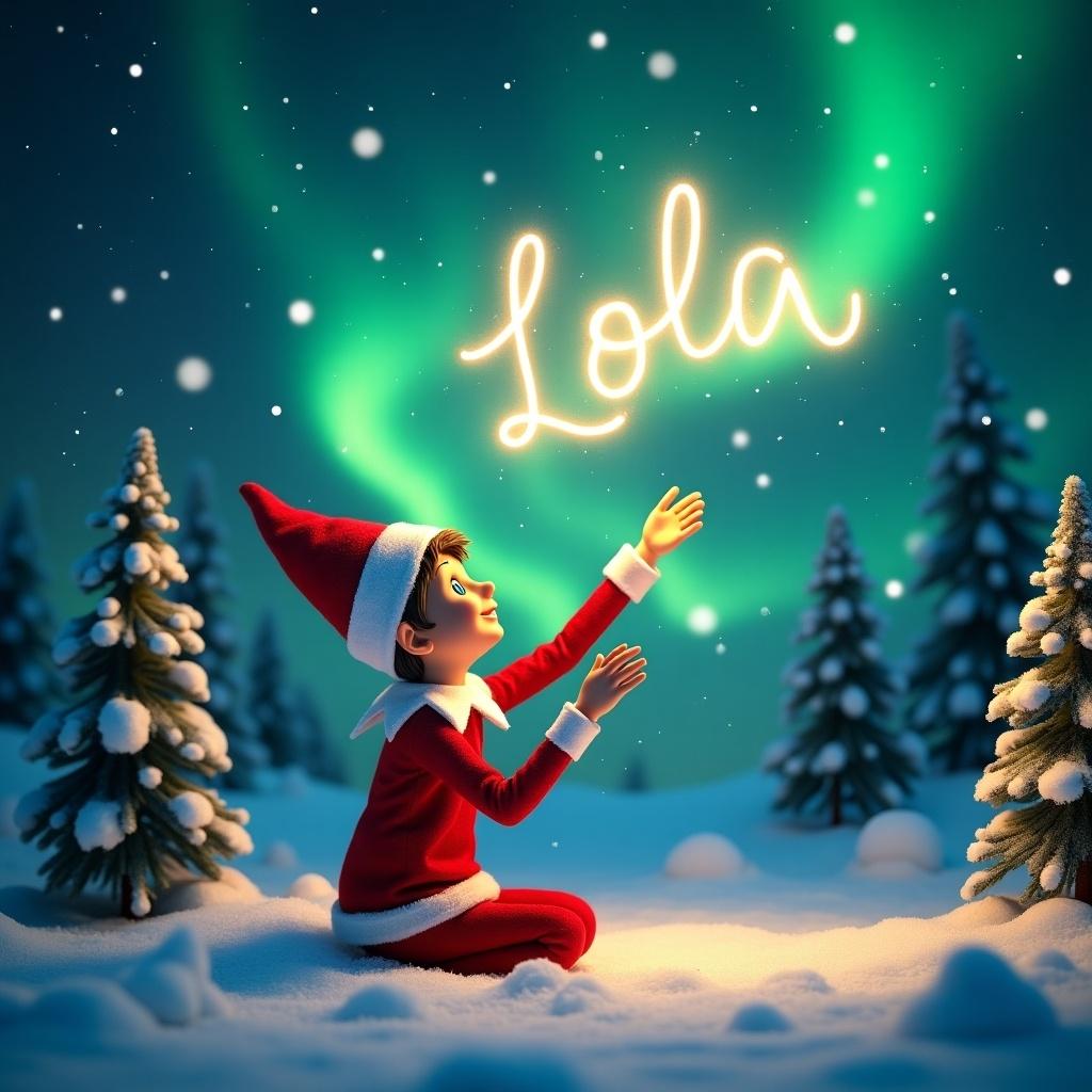 Enchanting winter scene with playful character sitting in snow. Character in festive red costume joyfully writes name in the sky using glowing light. Vibrant greens of northern lights illuminate night sky. Surrounded by snow-covered pine trees. Captures spirit of Christmas and joy of imagination.