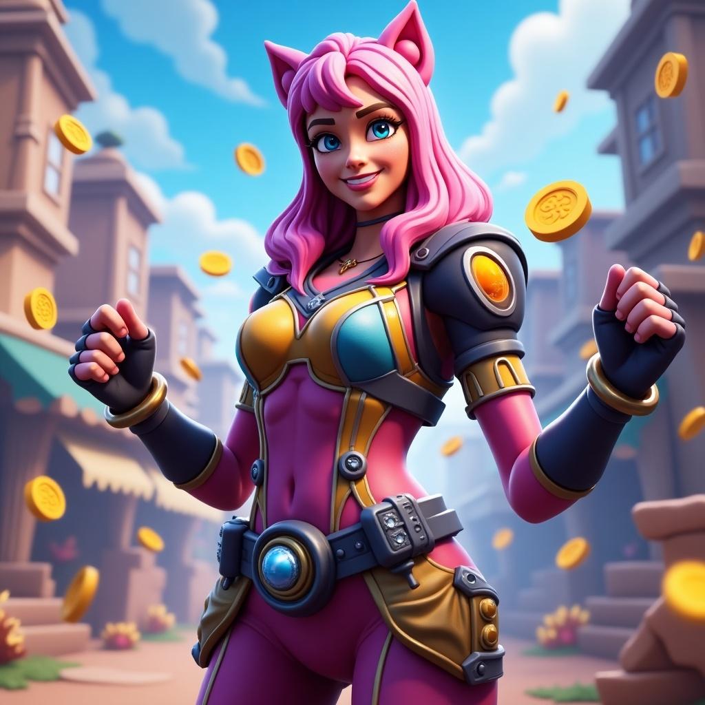 This image showcases a vibrant, animated character inspired by a Fortnite skin. The character has playful pink hair and cat ears, adding a unique twist. Dressed in a stylish, futuristic outfit, the character exudes confidence and charm. Surrounding the character are floating gold coins, hinting at a game’s rewards system. The bright, sunny background enhances the dynamic and exciting feel of the illustration. This design reflects elements beloved by gaming enthusiasts, combining action with a fun aesthetic.