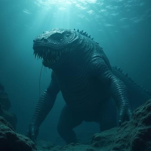 Leviathan depicted at the bottom of the sea. Large mythical sea creature with a menacing appearance. Surrounded by underwater scenery.
