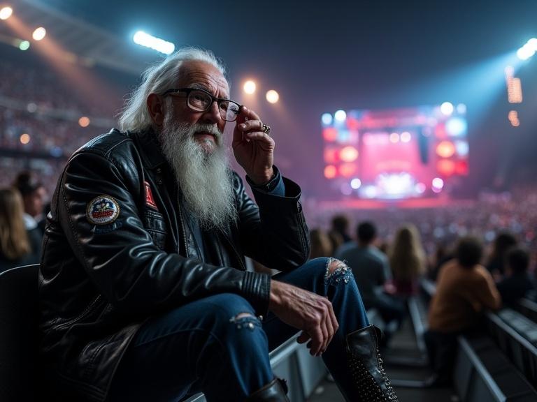 A bearded man wears a black leather jacket and ripped jeans. He is sitting on stadium bleachers during a concert. Holding opera glasses to his eyes. A Metallica concert stage is illuminated in the background with red and blue lights and fireworks. The scene has a gritty cinematic feel.