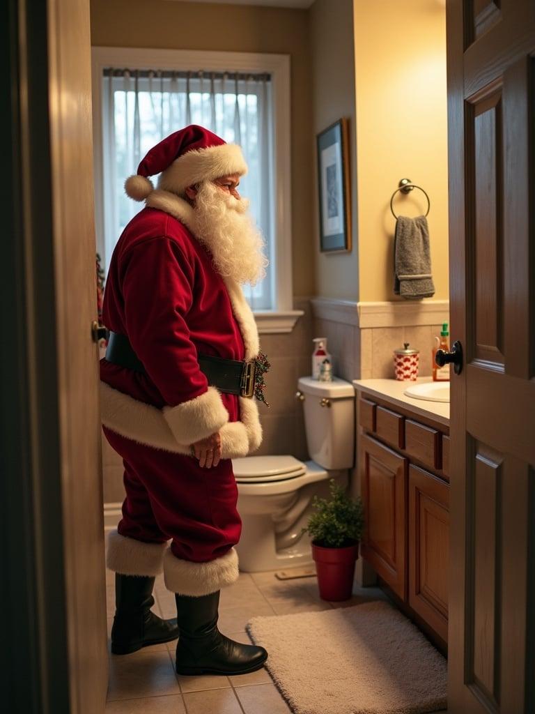 Santa Claus is in the bathroom. He is standing by the sink. Bathroom has warm light and is decorated with holiday items.