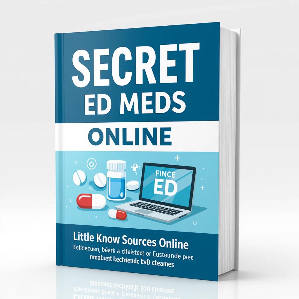 Professional looking ebook cover designed for a book titled Secret ED Meds Online. It features a laptop and various pills to represent the subject matter. The title is clear and eye-catching. Color scheme of blue and white enhances the design. Intended for an audience seeking affordable ED medications online.
