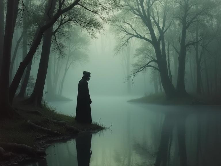A painting features a lone figure at the misty bayou's edge. The figure is obscured by shadows and surrounded by ancient bald cypress trees. Still waters mirror the figure creating a mysterious atmosphere.