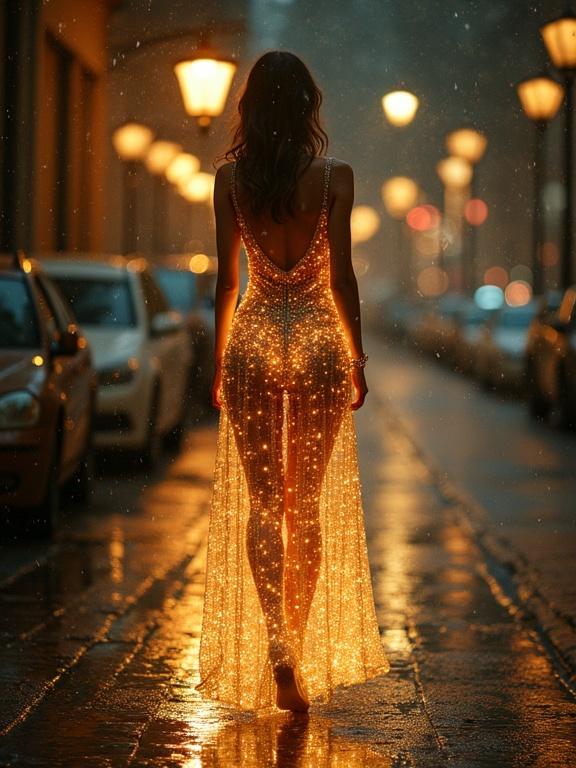 A vintage nude woman wearing a sparkling dress walks on a rainy night. The scene has a dreamy atmosphere with reflections from street lamps creating a luminescent effect.