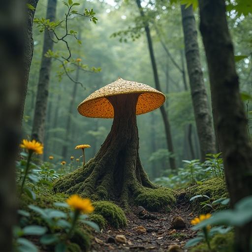 Hyperrealistic image of a forest fairy sitting with her back on a mushroom