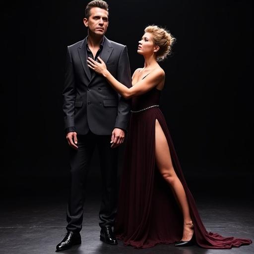 Stylish stage costume inspired by Robbie Williams’ songs. Male in fitted dark suit, open blazer, satin shirt. Female in long flowing dress with slits. Elegant and sophisticated look.