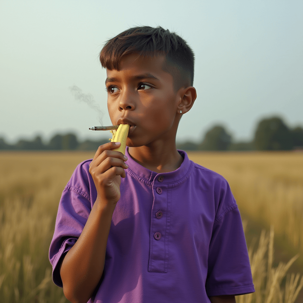 A child in a purple shirt stands in a field holding a banana like a cigarette with a serious expression.