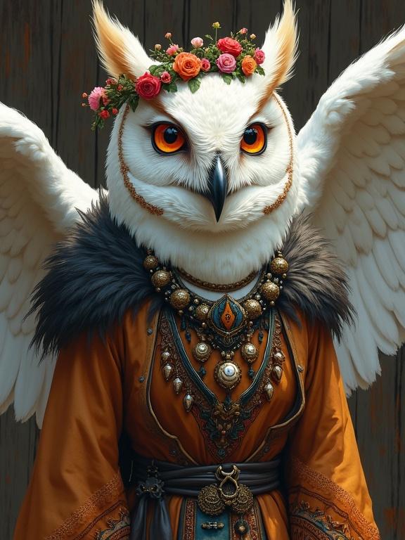 Character design featuring an anthropomorphic owl with white feathers. Dressed in layered embroidered Slavic robes, adorned with beads and talismans. Wears a floral wreath and has wise glowing eyes. Features rich textural details and soft cel shading. Cinematic style with dramatic posture and wooden textured background.