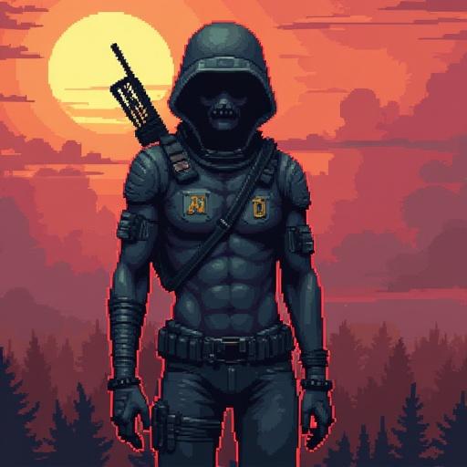 Post apocalyptic character depicted in pixel art. Size is 32x32 pixels. Character is wearing dark armor and a helmet with a skeleton mask. Background features a large sun setting over trees.