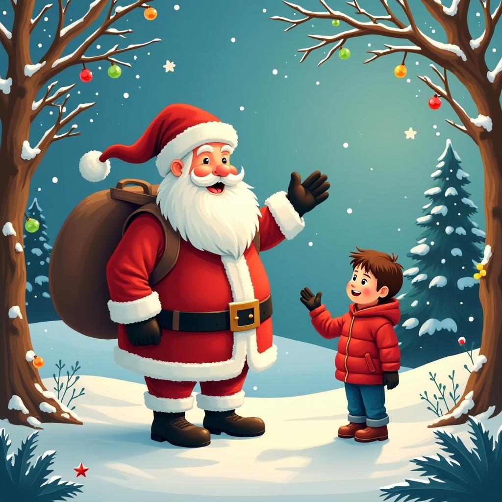 Santa Claus in a snowy landscape waving at a child. The scene is festive with trees, snow, and decorations.