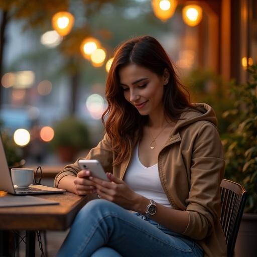 A woman with a light-to-medium complexion sits alone at a cozy outdoor café in Kyiv during golden hour. She has a thoughtful smile as she looks at her smartphone. Soft ambient light from café lanterns illuminates her face. Her dark chestnut hair is styled in natural waves. She wears a light-brown cropped jacket and high-waisted blue denim jeans. A silver laptop and cappuccino sit on the table. The background features blurred lights and soft architectural silhouettes. The scene exudes warmth and tranquility.