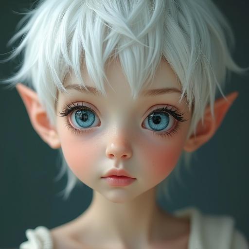 Detailed portrait of a female elf character with white short pixie hair and blue eyes. The character has soft skin and a gentle look, enhanced by smooth lines and diffused lighting.