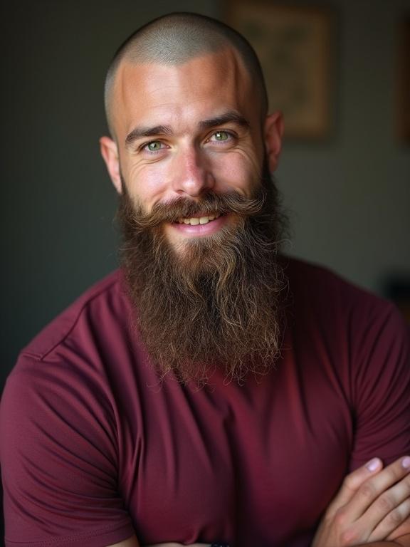 A young man with green eyes and a long beard with a shaved head is smiling. He appears muscular and is wearing a maroon t-shirt.