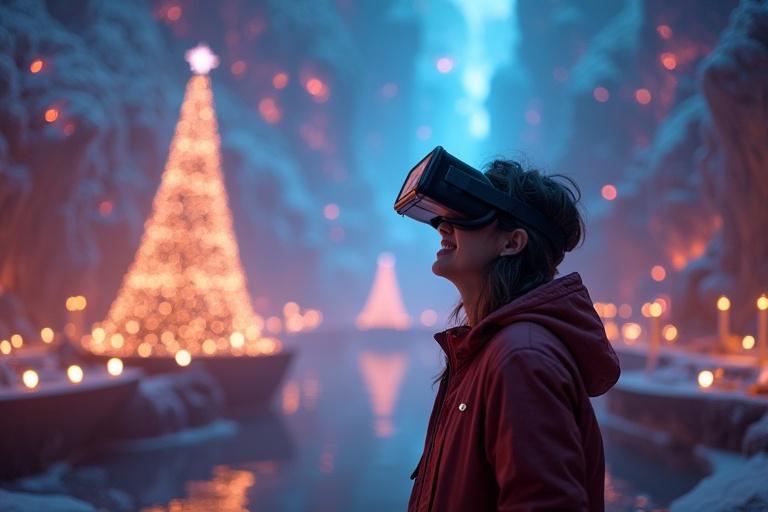 Person amazed by a fantasy world while wearing VR goggles. Enchanting snowy landscape with glowing Christmas trees and soft lighting.