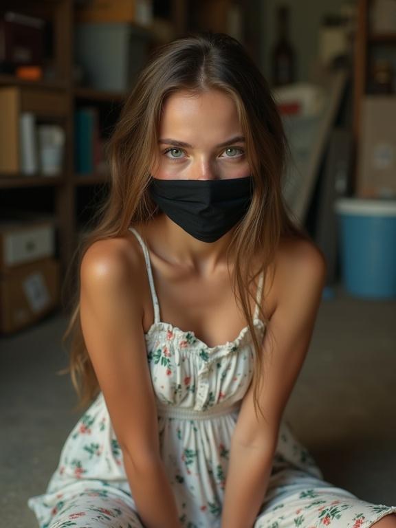 Photorealistic image of a beautiful teenage girl with long brown hair and green eyes. She is wearing a white floral sundress and sitting on the floor in a cluttered storage room. Her arms are behind her back, and a black cloth is wrapped between her lips.