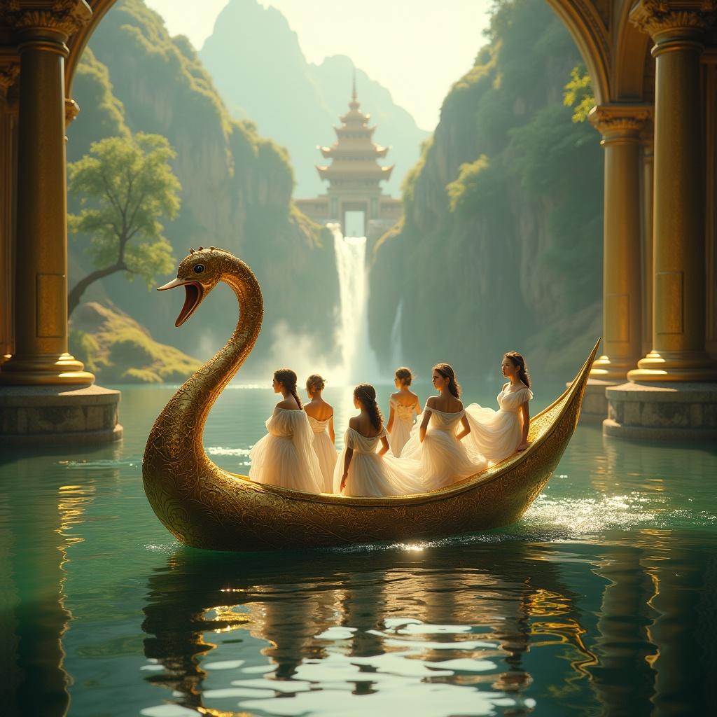 Golden swan-shaped boat gliding across a tranquil lake. Boat carries elegantly dressed women in silver-white gowns. Ornate design highlights regal craftsmanship. Dreamy landscape with waterfalls and glowing tower in background. Tall golden pillars flank the scene, creating elegance.