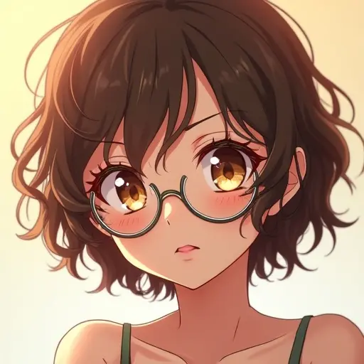 Anime girl has short curly brown hair and honey eyes. She wears glasses. The background shows a soft warm light. Her expression is curious and innocent.