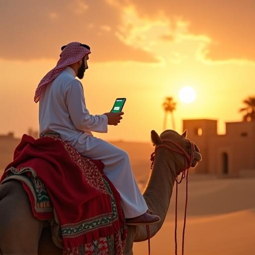 Digital advertisement featuring a man in traditional Saudi attire on a camel. Man holds smartphone showing delivery app. Background is a warm sunset over desert and mud houses with palm trees. Cultural patterns behind smartphone. Exact colors and composition as described. No text.