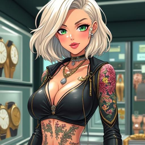 Illustration of a 40 year old woman with emerald green eyes and a beautiful face. She has a light blonde blunt bob hairstyle and is wearing extravagant streetwear. The setting is inside a modern luxurious watch shop. She has tattoos and jewelry, including a significant cybernetic leg feature. Bright and colorful background with emphasis on Japanese aesthetics.