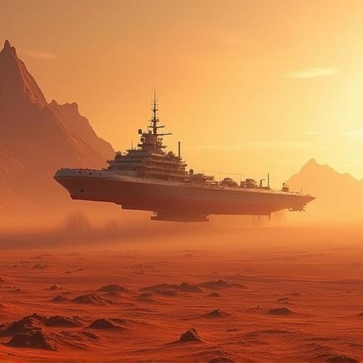 A galactic freighter landed on a desert planet with reddish sands and sharp mountains on its horizon viewed from the rear.
