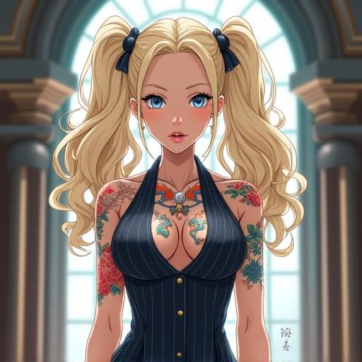 Anime woman with large light blonde curly pigtails. She has colorful tattoos and wears a professional dress. The setting is a luxurious dojo. The woman exhibits a royal look and has an athletic build.