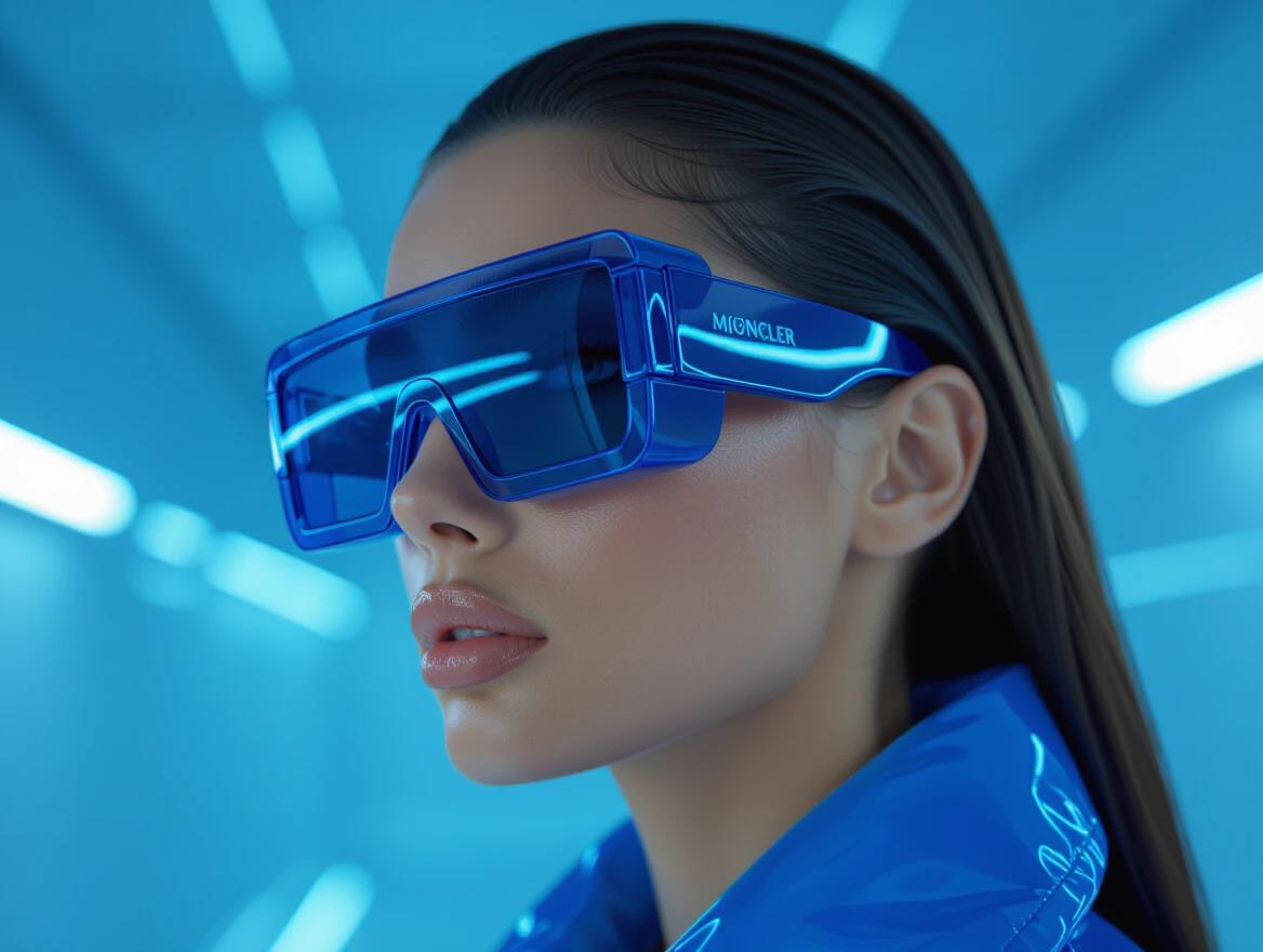 Fashion shoot featuring a model in dark blue translucent futuristic sunglasses from a collaboration between Jacquemus and Moncler. Hyper-realistic style with detailed clarity. 8k resolution appearance.