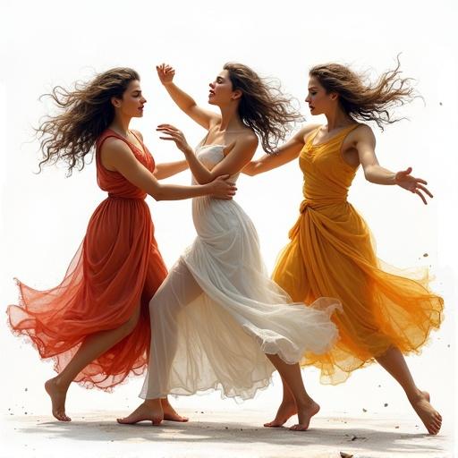 Energetic scene with three women dressed in colorful flowing garments. They are brawling and tossing around, showcasing movement and expression. The background is white and the artwork resembles an oil color painting with detailed linework.