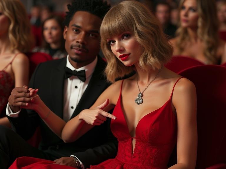 Photorealistic image of a young couple at an awards show. Beautiful young woman in red dress with deep cleavage. She has blonde bob with bangs and smiles at the viewer. She points at a queen of spades pendant while sitting on a man's lap in the front row.