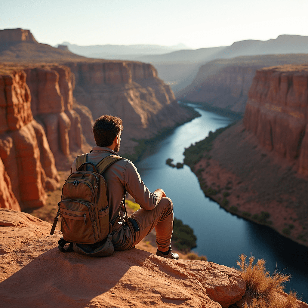 A man with a backpack sits on a cliff overlooking a winding river through a canyon at sunset.