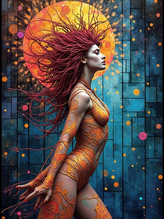 Strange celestial nude deity etched into multiverse stained glass. Framed in glitch loops and transparent washes. Creatures contoured in warped reflections and melting parametric coils. Complementary colors used throughout.