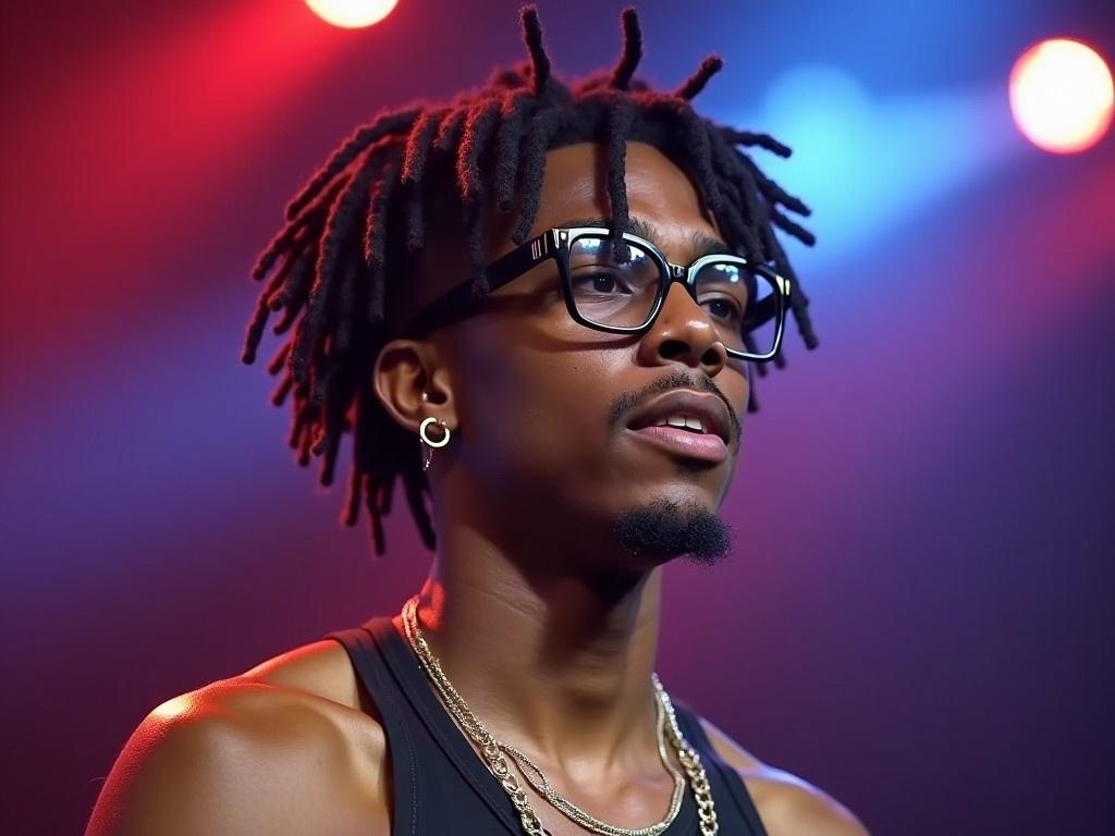 The image features a young man on stage at a concert, showcasing his medium-length twist dreadlocks. He is wearing stylish Cartier frames that are rectangular in shape. The lighting is dramatic, with red and blue hues creating a vibrant atmosphere. The young man has a clean shave, highlighted by a slight mustache. He appears to have a low body fat percentage, emphasizing his defined features amidst the concert excitement.