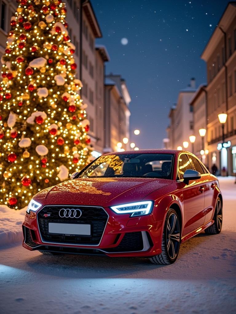 Scene features a red Audi 8V S3 parked in a snowy street. The street is adorned with Christmas lights. A large decorated Christmas tree enhances the festive theme. The atmosphere exudes luxury with warm street lighting.