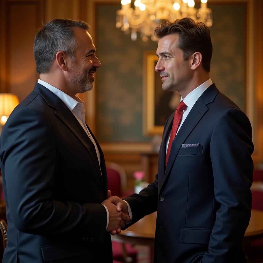 Director meets with the son of the president in a formal setting. Two men shake hands in a luxurious room. Warm lighting enhances the atmosphere. Both wear formal suits.