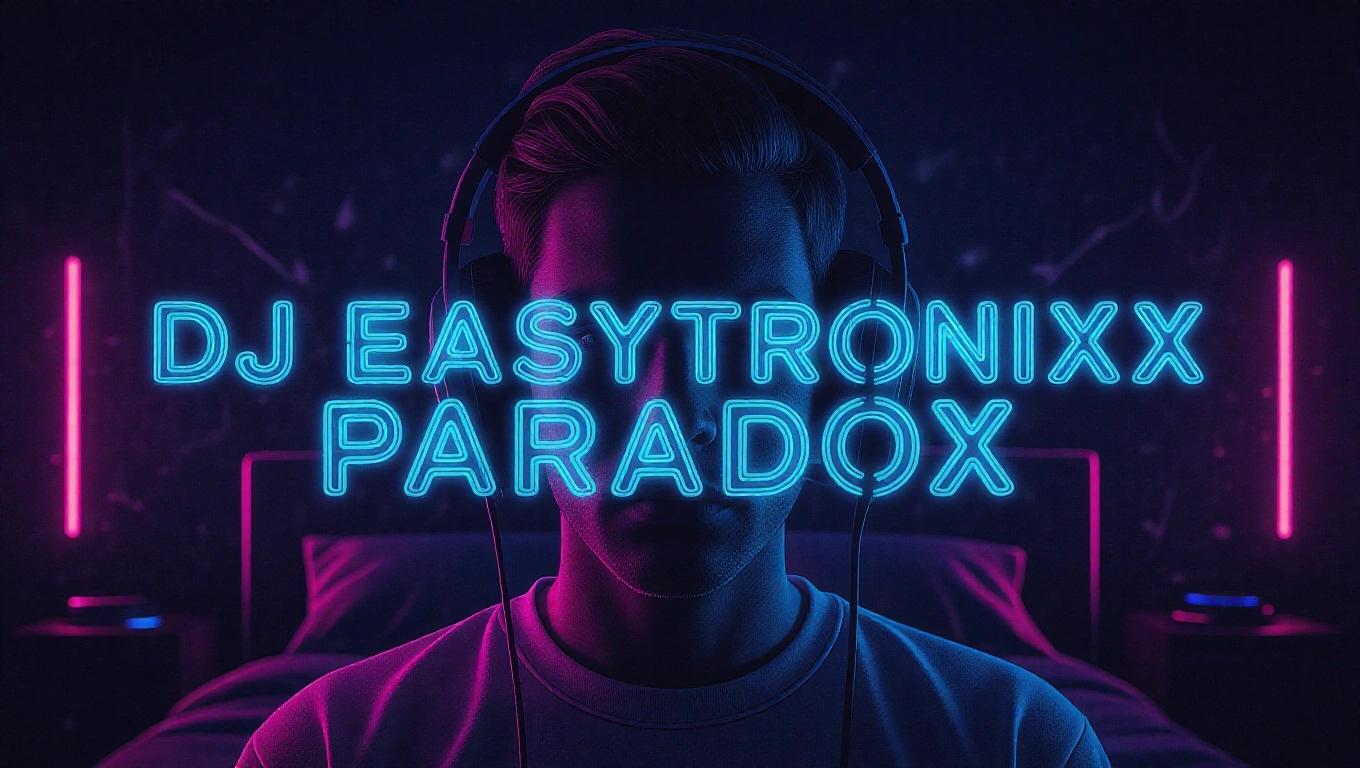 Close up of a dark neon bedroom with RGB effects. Artistic album cover featuring futuristic writing. Text says DJ Easytronixx and Paradox.