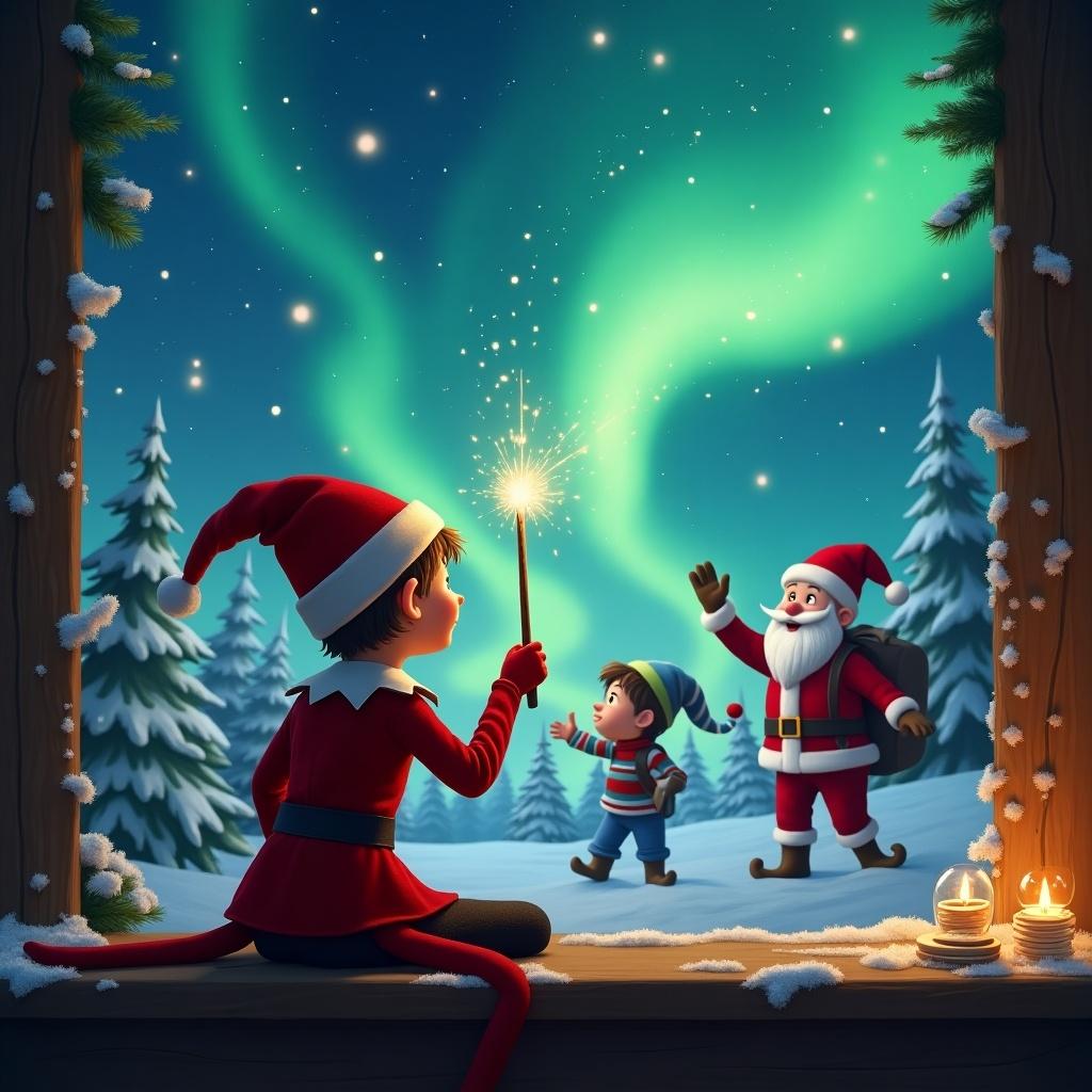 A Christmas-themed scene featuring an elf on the shelf with his back to the viewer, facing a vibrant sky filled with northern lights. He is using a magical wand to write a message in the sky: 'We are on our way Amelia, Kayden, and Tommy.' In the background, Santa Claus is joyfully interacting with two children. The setting is adorned with snow-covered trees and warm candlelight, creating a cozy and festive ambiance full of holiday spirit.