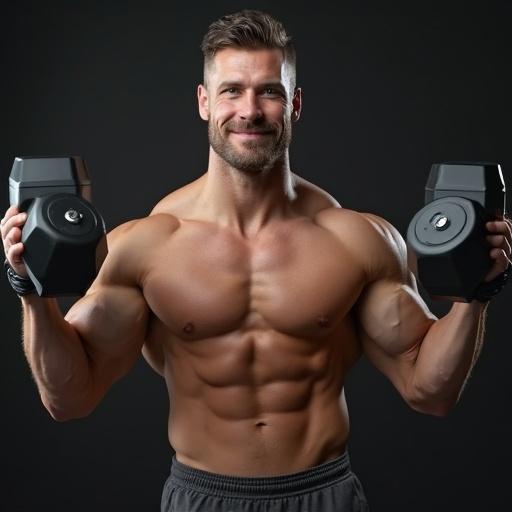 Muscular man confidently lifting heavy dumbbells at chest level. Strong physique showcased with a smirk. Dark background highlighting strength.