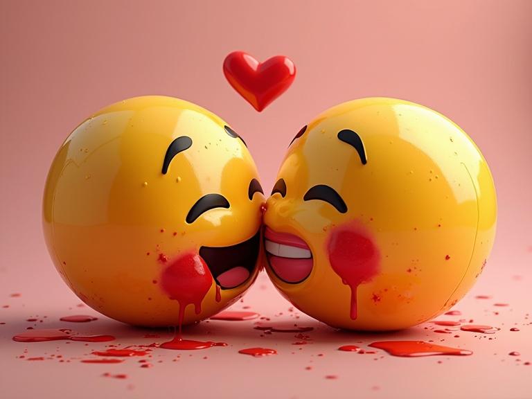 Two joyful emojis kissing with playful expressions and red lipstick smudges. A heart hovers above them. The background is a soft pink color with small splatters of red.