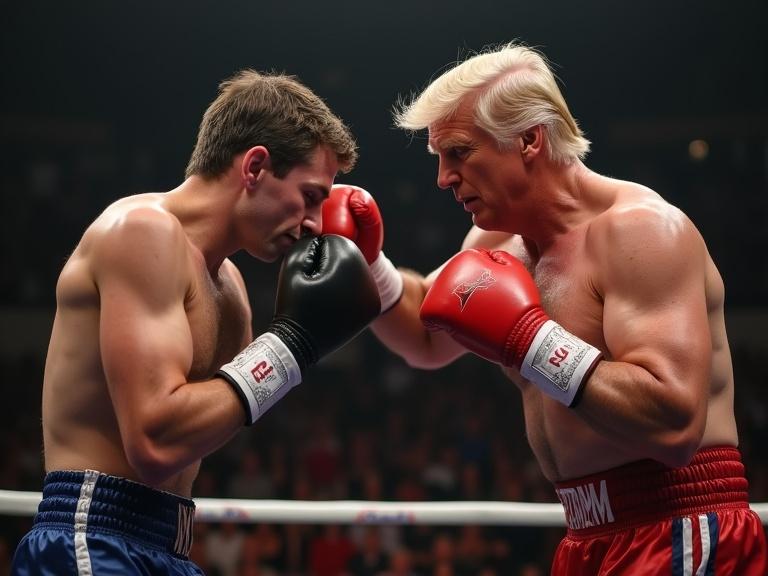 Boxers in a ring. One boxer has no shirt. Both boxers are in fighting stance. They are preparing to punch each other. Dramatic atmosphere in a boxing auditorium.